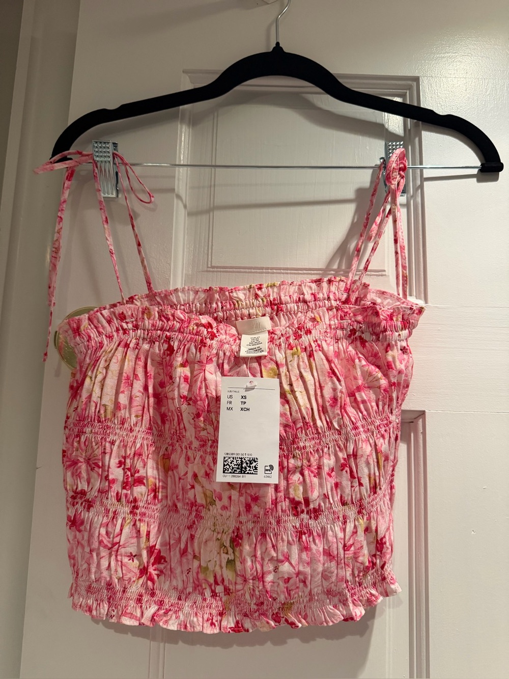 H&M Pink Floral Smocked Tie-Strap Crop Top
